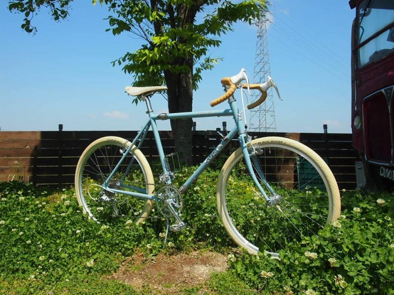 Right side view of a light blue Surly bike parked in weeds, with a tree, wood fence and the front of a bus, behind it