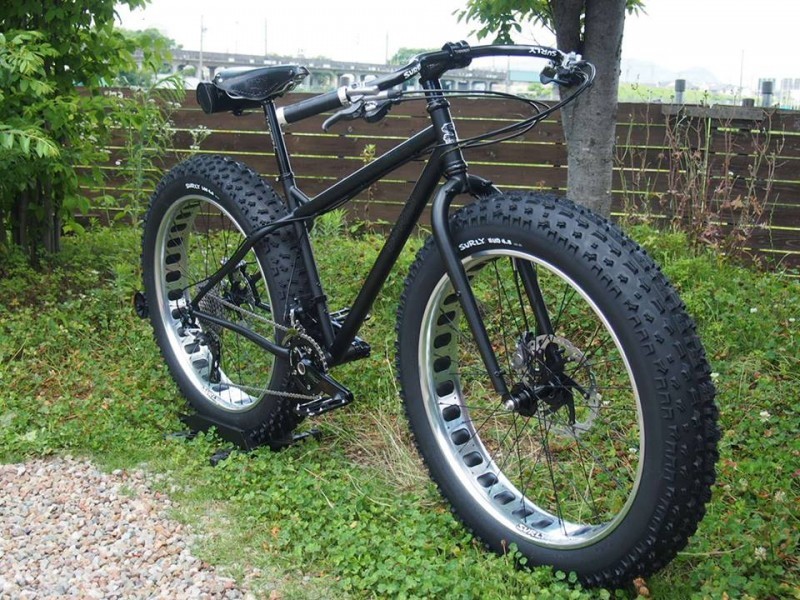 Front, right side view of a black Surly fat bike, parked on a grass, with a tree and wood fence behind