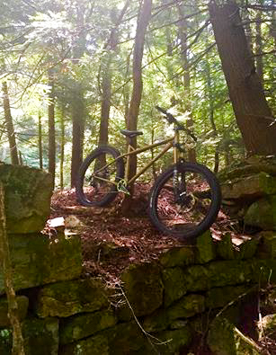Front, right side view of a Surly bike facing downward on the ledge of a stone wall in the forest