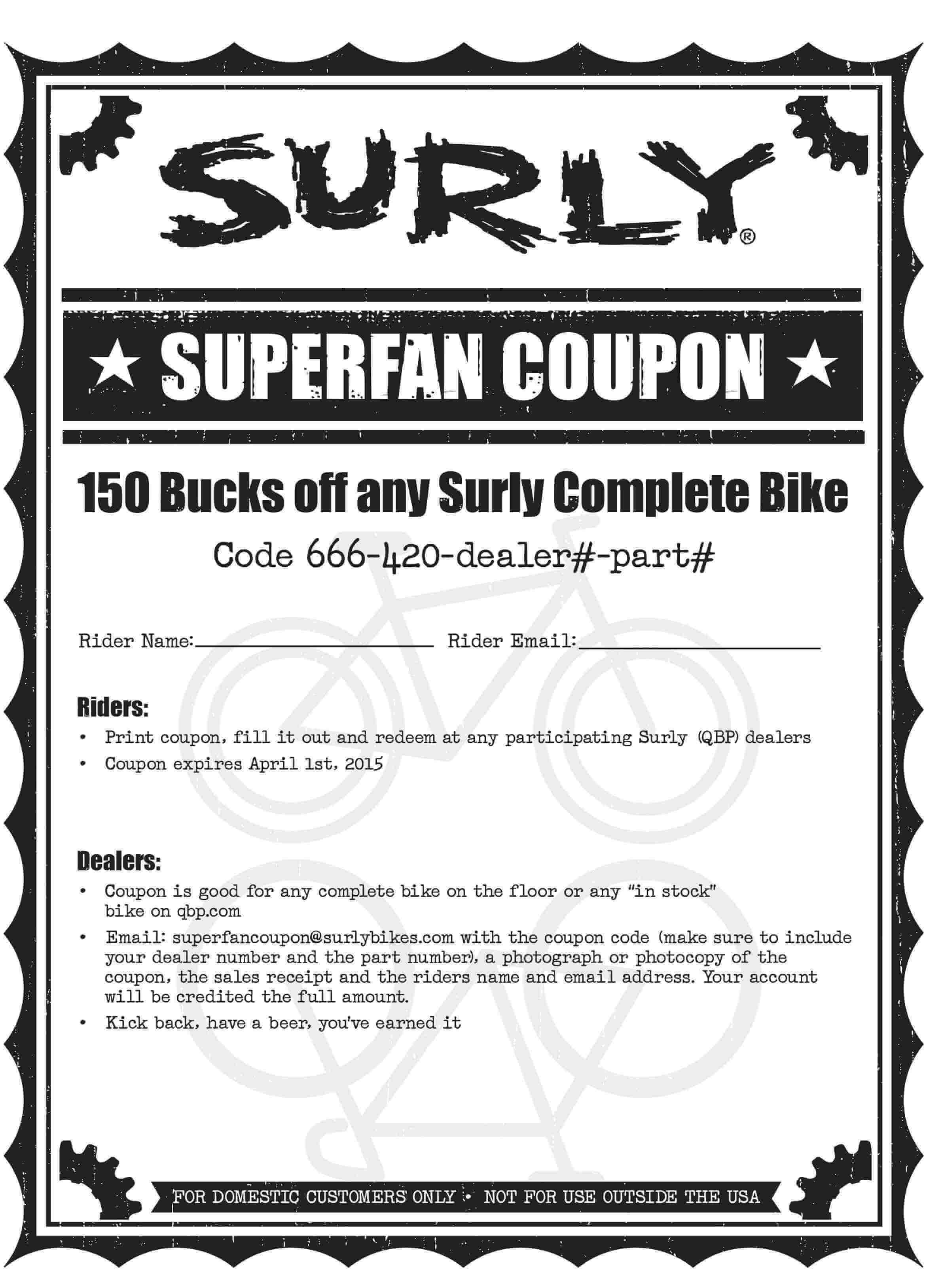 A black and white Surly bikes SUPERFAN printable coupon
