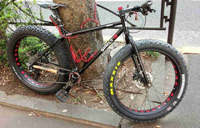 Right side view of a black Surly Pugsley fat bike, parked against a tree, next to a sidewalk
