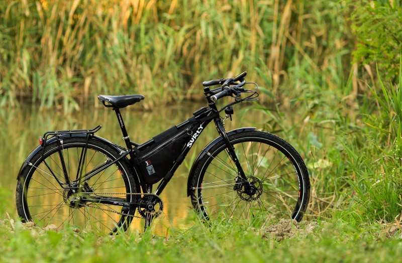 Right side view of a black Surly bike with frame pack, parked on a grass bank of a pond, with tall green weeds behind