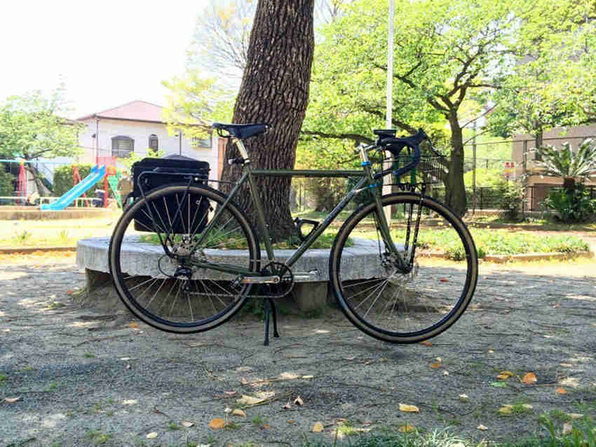 Right side view of an olive green Surly bike with a rear pack, parked in front of a tree at a playground