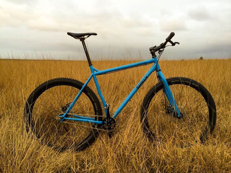 Right side view of a blue Surly bike, parked in a field of tall, yellowish brown grass