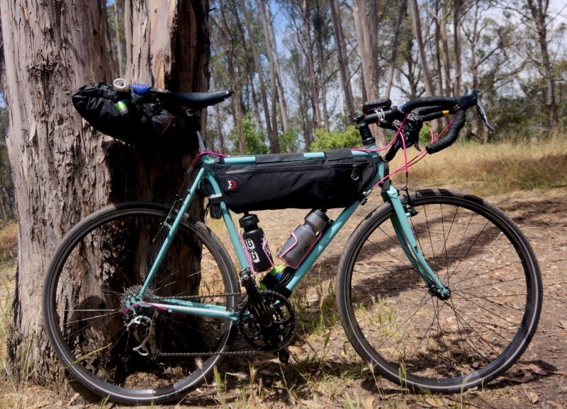 Right side view of a mint Surly bike with gear bags, leaning on a tree, on a dirt clearing in the woods