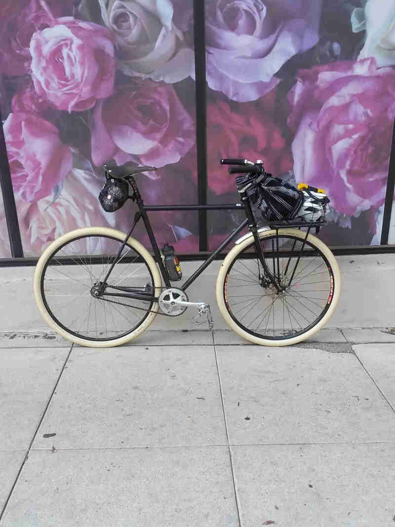 Right side view of a black Surly bike with white tires, parked on a sidewalk, next to a wall with large flower images