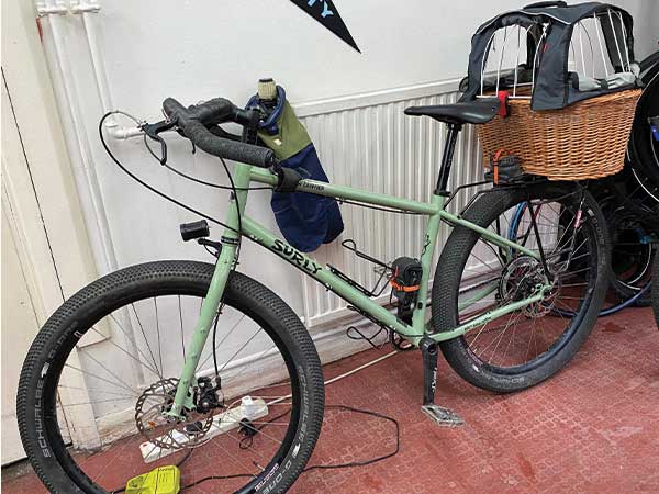 Surly Ghost Grappler with rear rack and custom dog carrier/basket mounted 