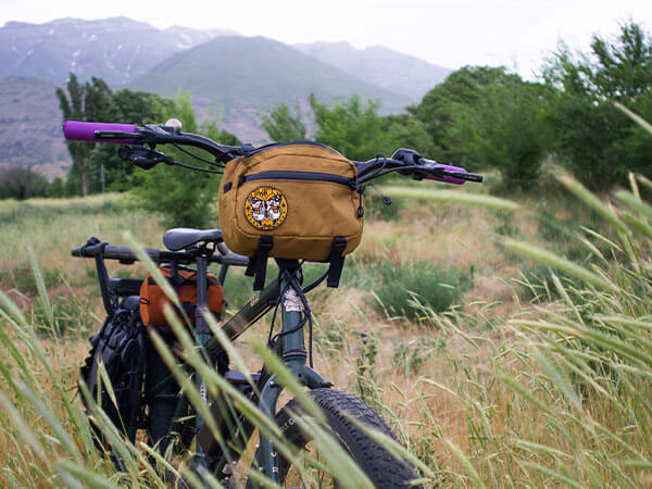 Front view of Abner's custom Big Easy, parked in tall grass, mountains in background, with handlebar bag and patch