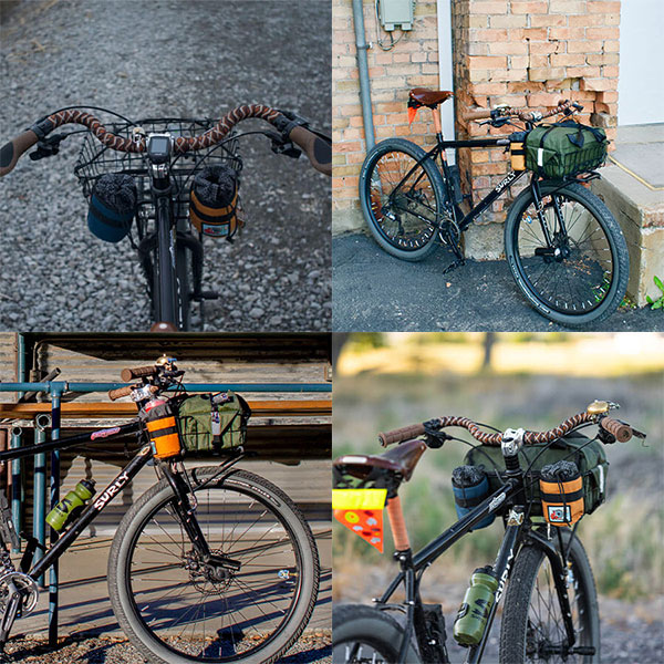 Collage: top view, side, three-quarter, and back view of Abner's custom Bridge Club bike