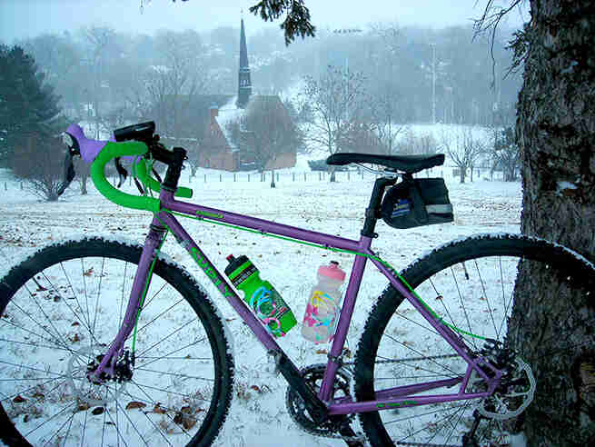 Right side view of a purple Surly bike, parked against a tree with a snowy field behind, and a church in the background
