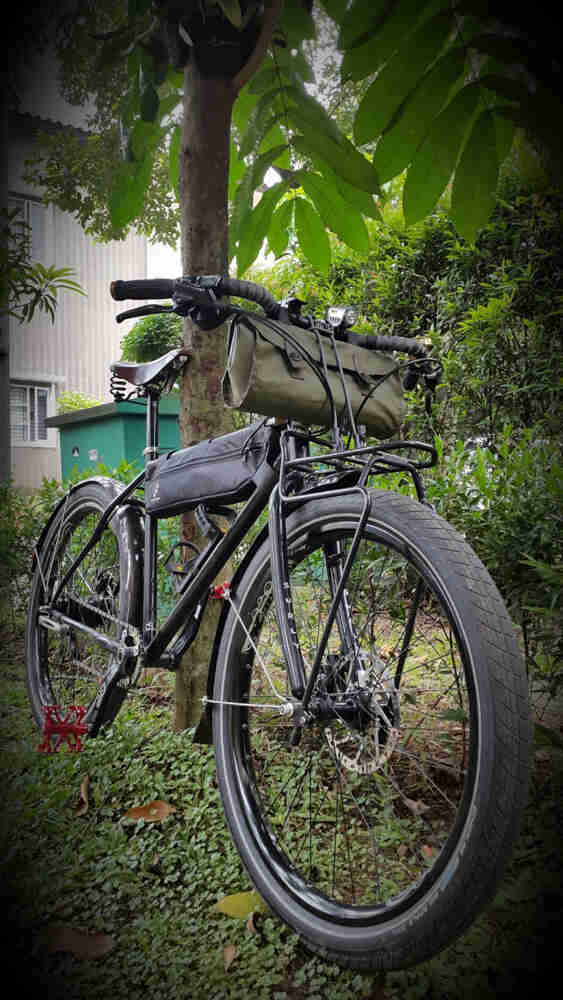 Front, right side view of a black Surly bike, standing in weeds, leaning on a tree, with a building in the background