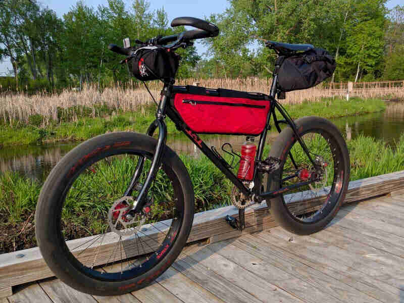 Left side view of a Surly bike, black, parked along the edge on a bridge, with weeds and stream in the background