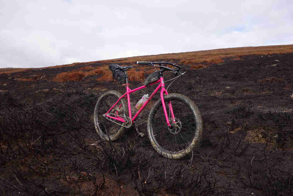 Right side view of a pink Surly 1x1 bike, parked on a hill with burnt grass