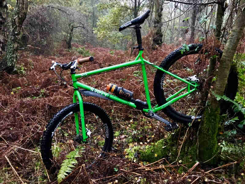 Left side view of a Surly bike, green, in the woods, with the left wheel wedge between trees