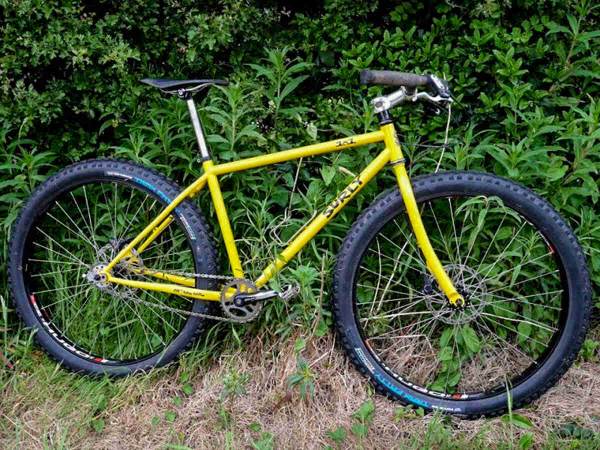 Right side view of a yellow Surly 1x1 bike, parked against tall weeds