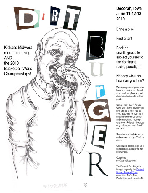 Graphic illustrated poster for the Dirt Burger bike event ,with text and an animated drawing of a person eating a burger