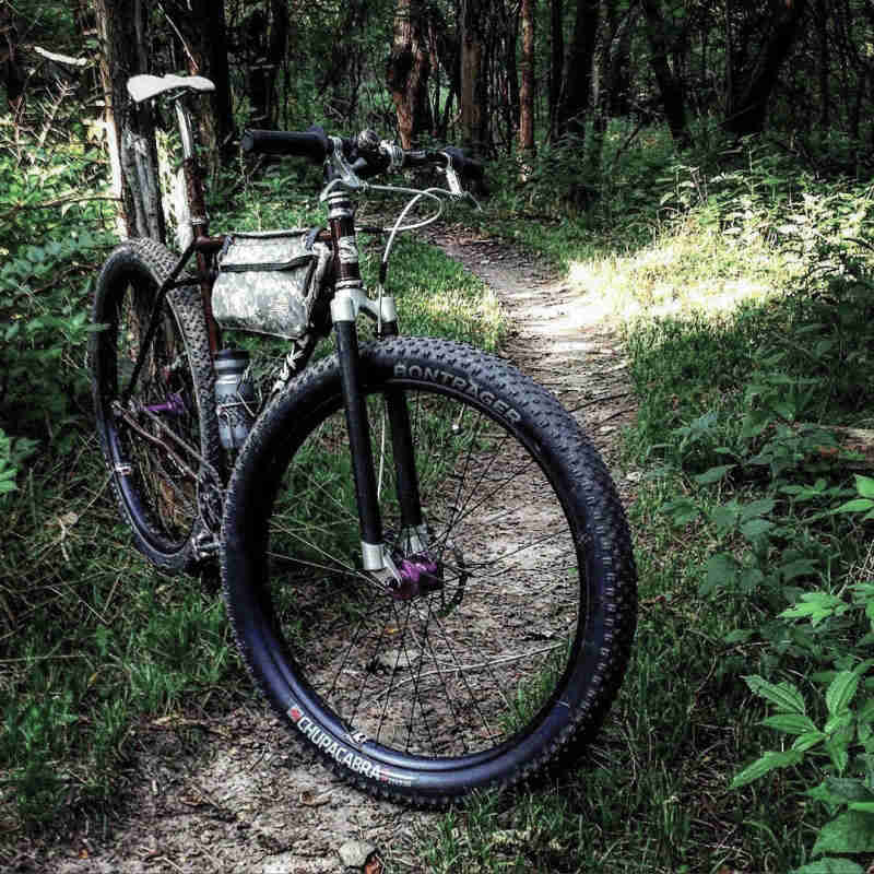 Front, right side view of a Surly bike on a narrow dirt trail, surrounded by trees