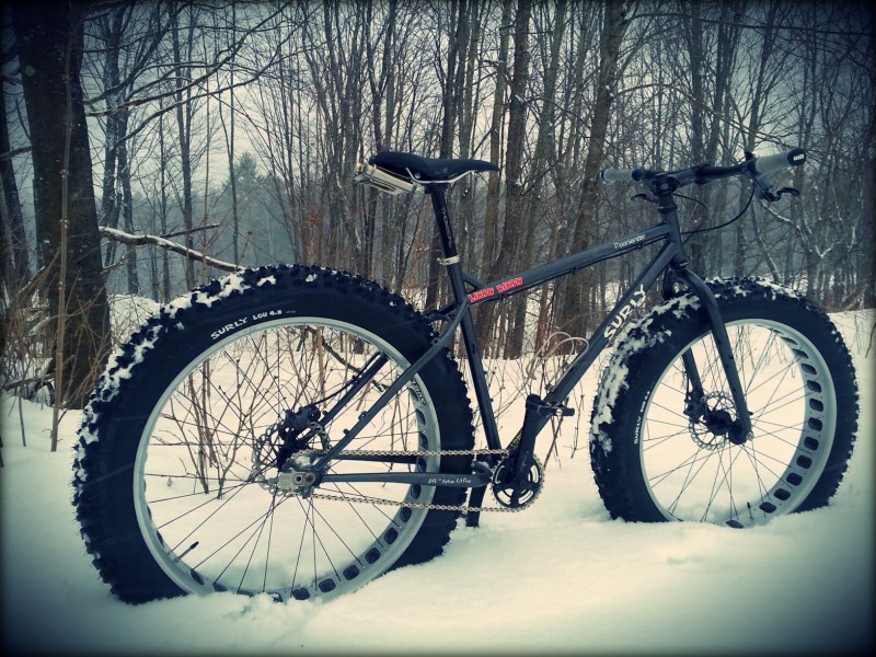 Right side view of a gray Surly Moonlander fat bike, standing in deep snow, in the woods with bare trees