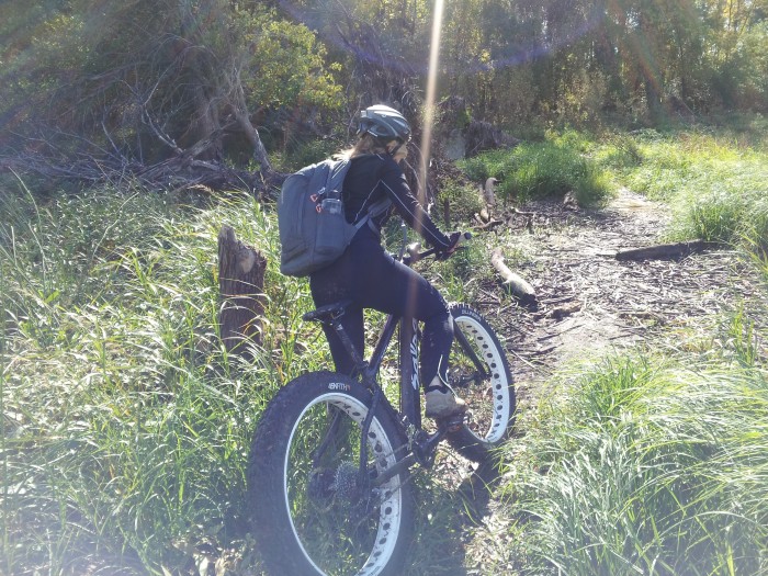 Rear, right side view of a cyclist, riding a black Surly fat bike, on a dirt trail in the woods