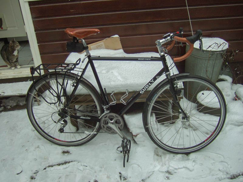 Right side view of a black Surly Cross Check bike, parked in snow next to a wood sided wall, with a cat in the doorway