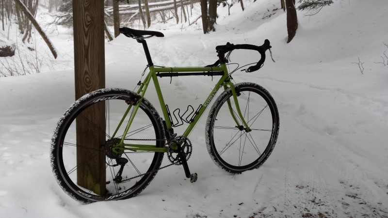 Right side view of a lime Surly bike, leaning against a tree, on a snow covered clearing in the woods