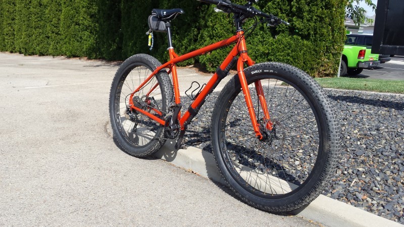 Right side view of a red Surly bike, parked against a median curb, on a pavement area with bushes behind it