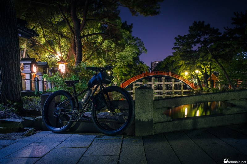 Right side view of a Surly fat bike, parked at the front of a bridge in an asian garden at night