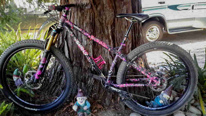 Right side view of a Surly Krampus bike, pink and black, in front of the base of a tree
