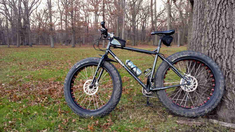 Left side view of a black Surly fat bike, parked against a tree in a grass field, with the woods in the background