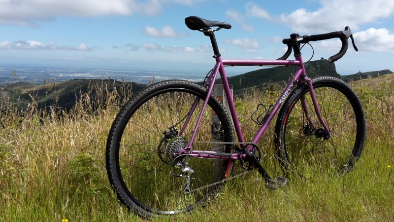Right side view of a purple Surly bike, standing in tall grass, overlooking hills below, with blue sky and clouds above