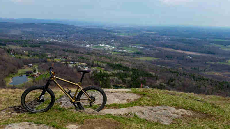 Left side view of an olive Surly bike, parked on a flat rock on a hilltop, overlooking forest land