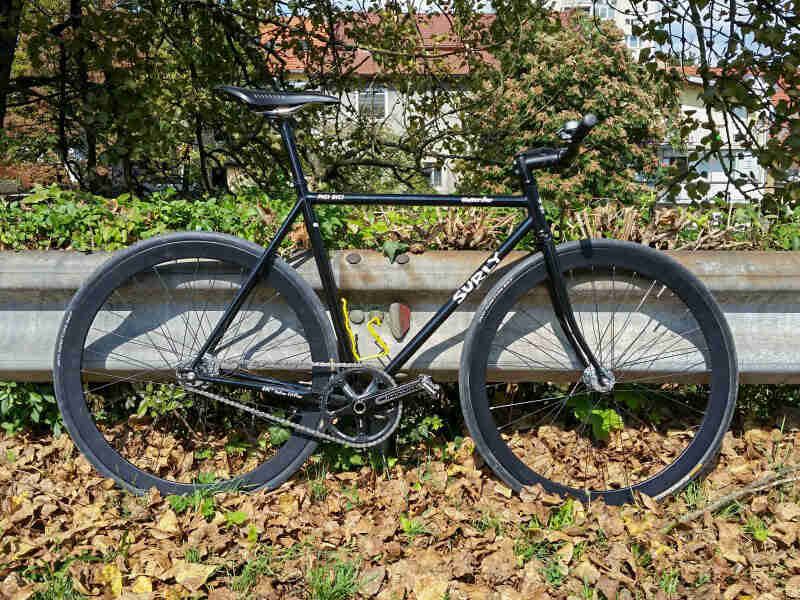 Right profile of a Surly Straggler bike, black, parked on leaves, in front of a guard rail with trees in the background