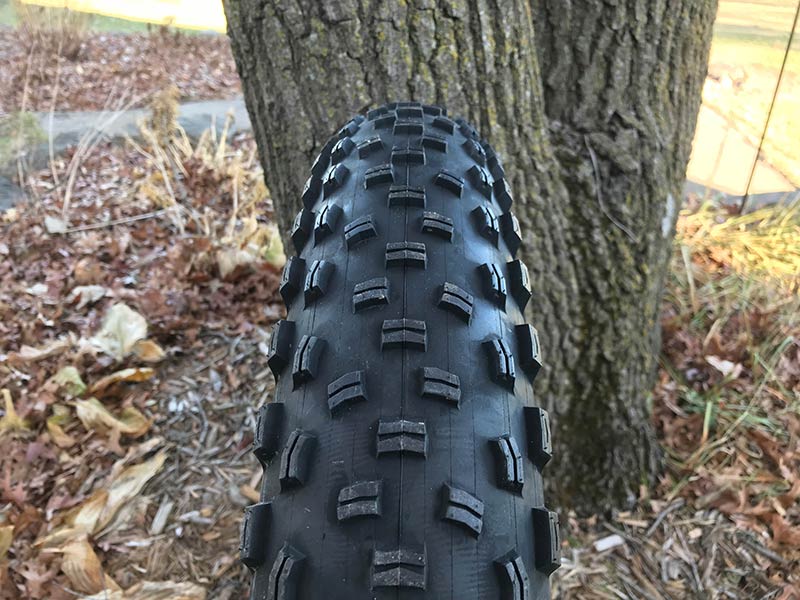 Straight on, downward view of the top of a Surly Edna fat bike tire standing in leaves with tree trunk in the background