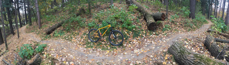 Right side view of a Surly Karate Monkey bike, yellow, parked in the grass on the side of a dirt trail in the woods