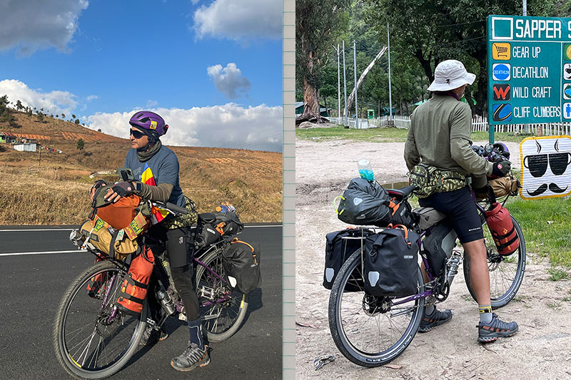 Two images of Dhruv standing over full loaded bike in different landscapes