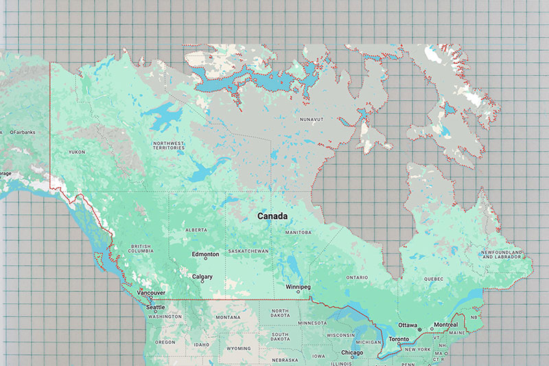 North American map with outline and focus on Canada