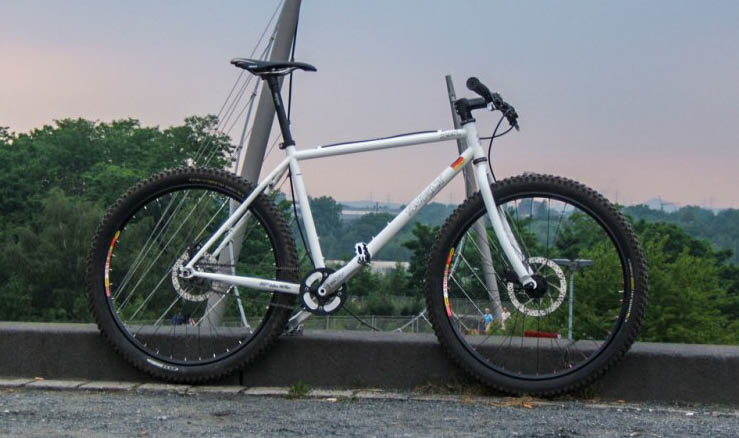Right side view of a white Surly bike standing against a curb on a bridge road, with trees in the background
