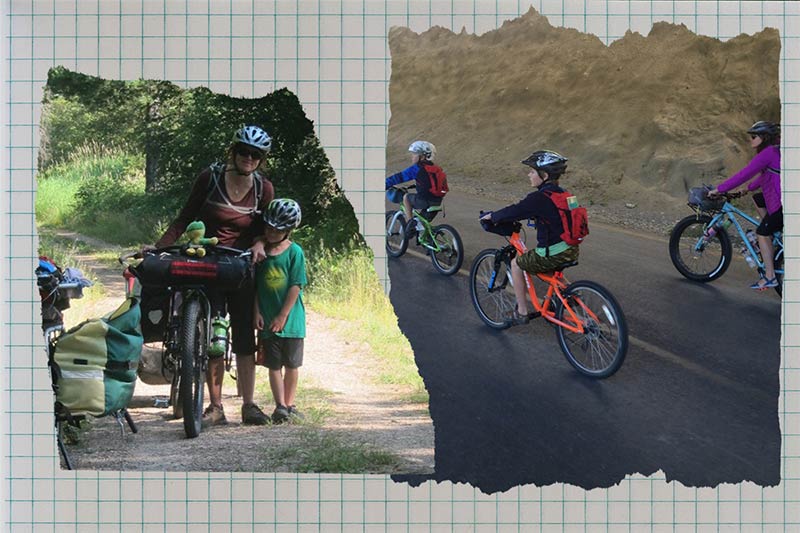 Collage; Athena standing with fully loaded bike and child on gravel road, biking with kids on paved road