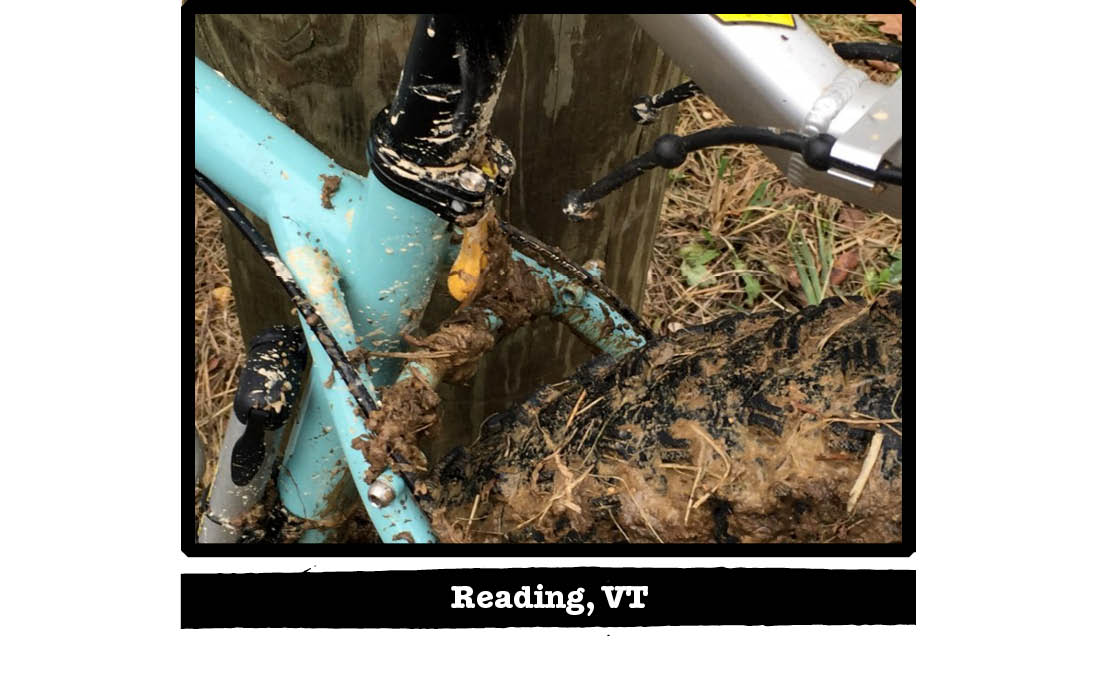 Cropped view of a muddy seatstay, seat post and rear tire of a Surly fat bike - Reading, VT tag below image