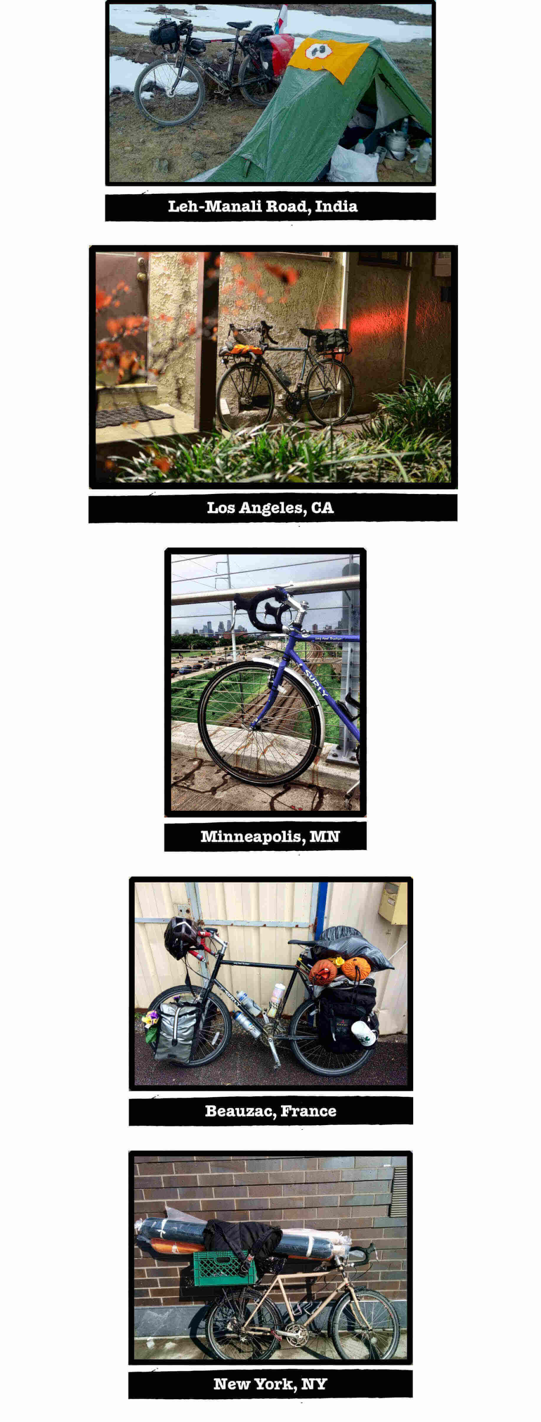 Multiple images of Surly Trucker bikes, with tags of their specific location listed below each image