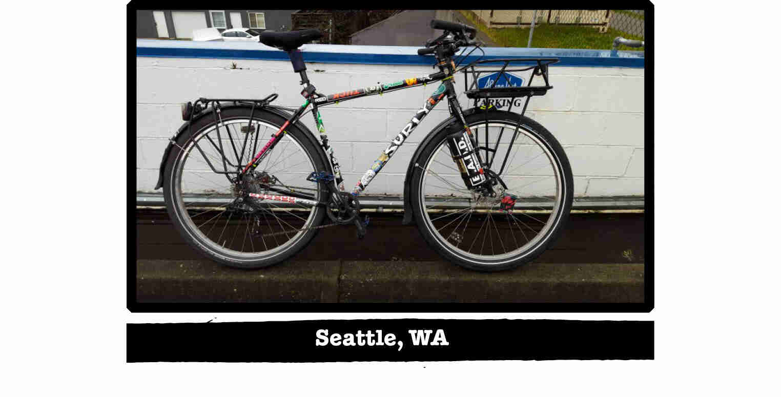 Right side view of a Surly bike on a street curb, block wall in background - Seattle, WA tag below image
