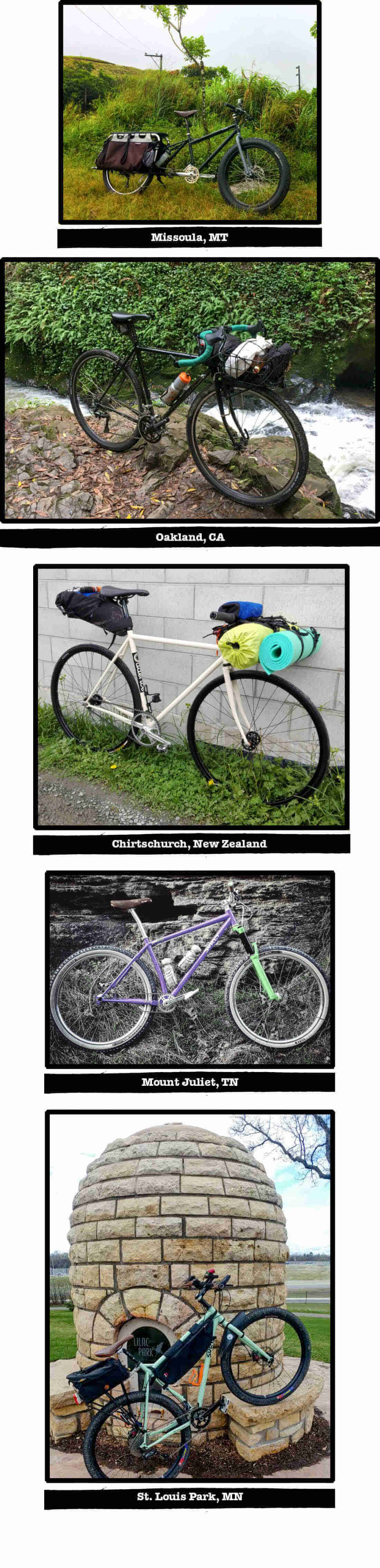 Multiple images of Surly bikes, with tags of their specific location listed below each image