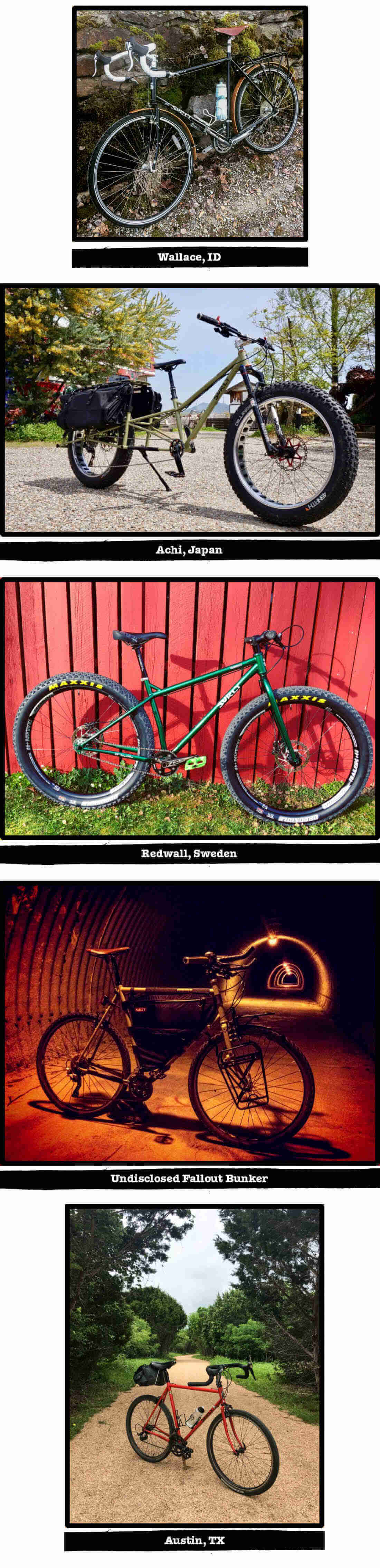 Multiple images of Surly bikes, with tags of their specific location listed below each image