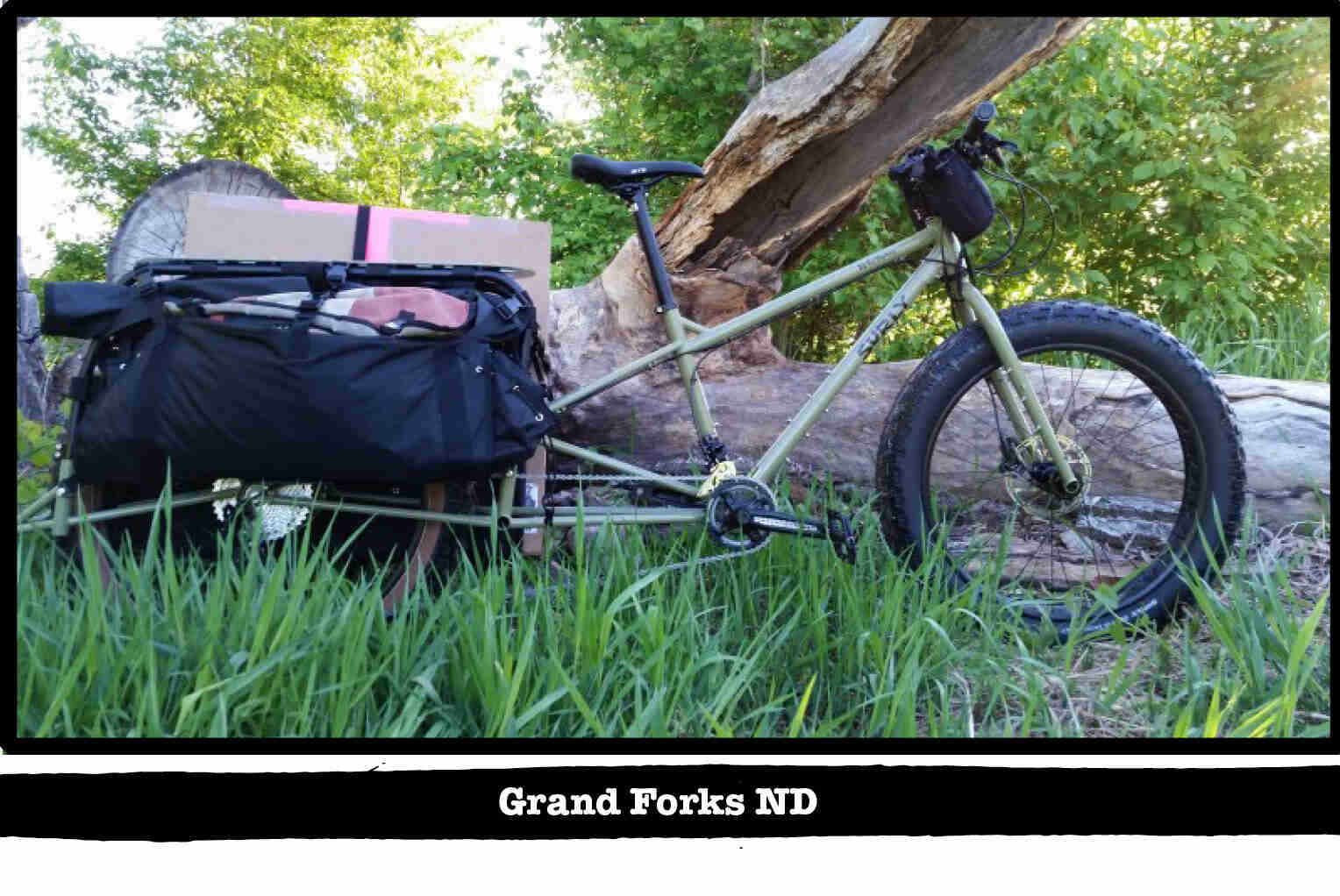 Right side view of a Surly Big Fat Dummy bike in the weeds, with trees in the background - Grand Forks ND tag below image
