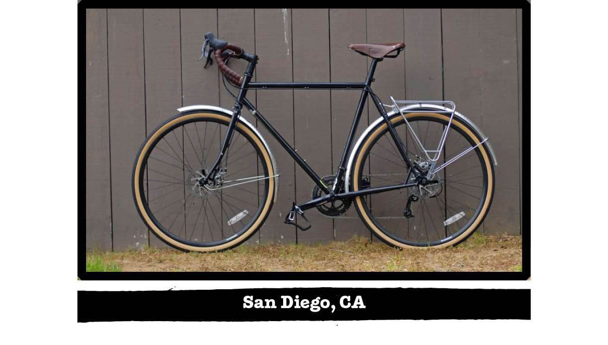 Left profile of a Surly Straggler bike, black, in front of a brown wood fence - San Diego, CA tag below image