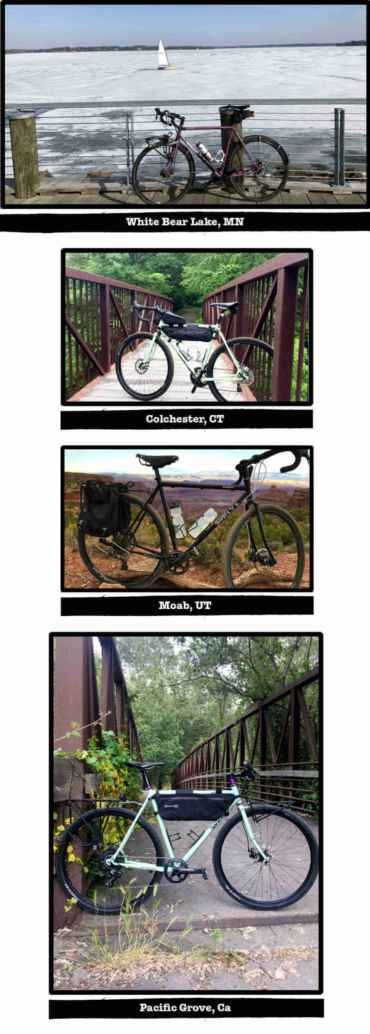 Multiple images of Surly Straggler bikes, with tags of their specific location listed below each image