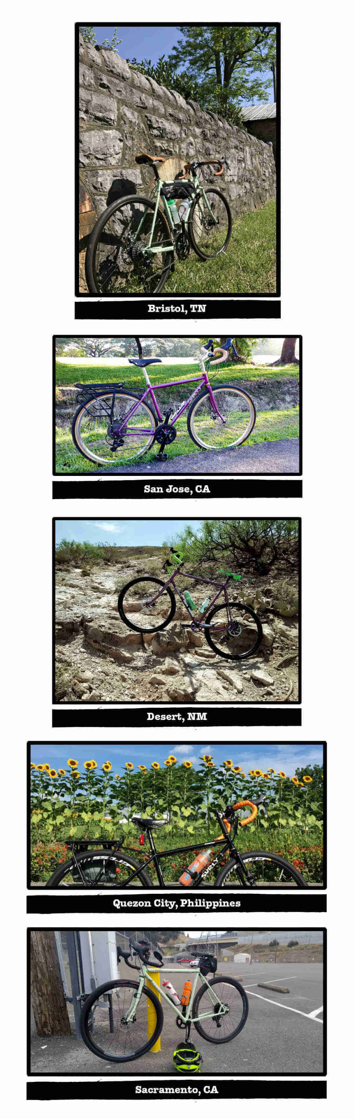 Multiple images of Surly Straggler bikes, with tags of their specific location listed below each image