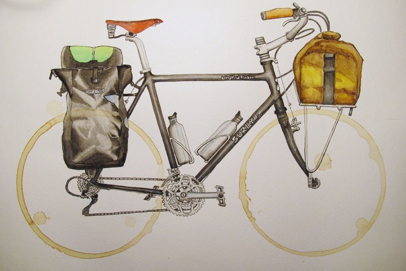 Colored pencil drawing of the right side of a Surly Long Haul Truck bike with gear, on a white background