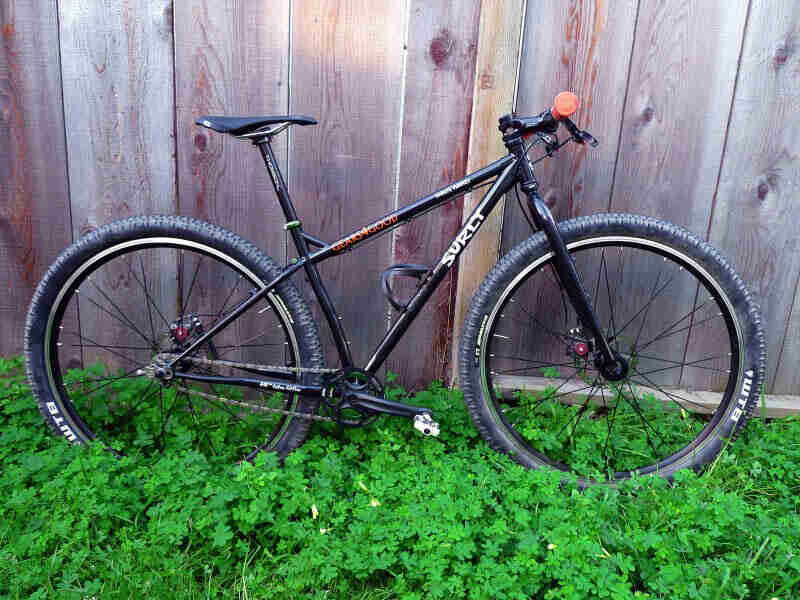 Right side view of a black Surly bike, parked in weeds along the side of a wood fence