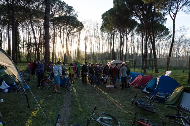 People, bikes and tents on a grass clearing, with the sun shining through trees in the background